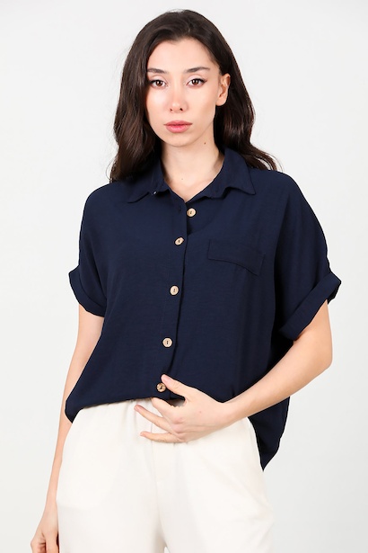 Kadın Gömlek Yaka Tahta Düğmeli Bluz 