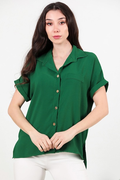 Kadın Gömlek Yaka Tahta Düğmeli Bluz 