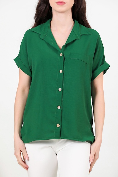 Kadın Gömlek Yaka Tahta Düğmeli Bluz  Zümrüt 6