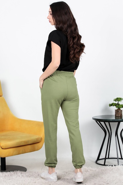 Kadın İki İplik Çimalı Paça Lastikli Eşofman  Haki 6