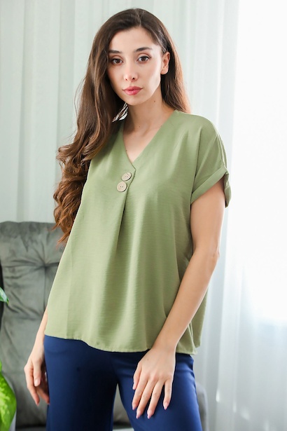 Kadın V Yaka İki Düğmeli Bluz 