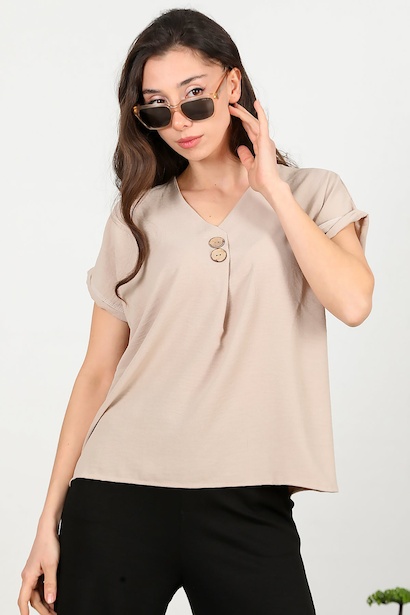 Kadın V Yaka İki Düğmeli Bluz 
