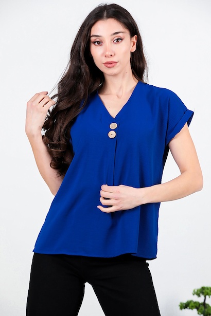 Kadın V Yaka İki Düğmeli Bluz 