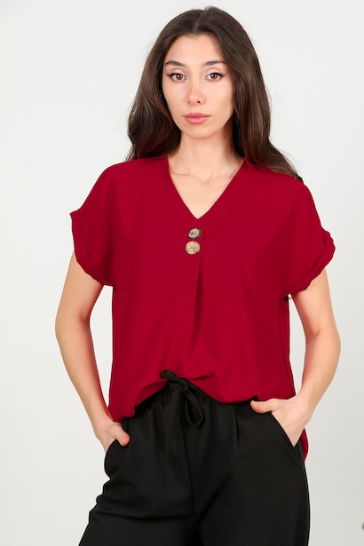 Kadın V Yaka İki Düğmeli Bluz 