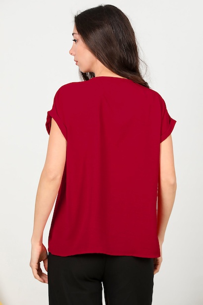 Kadın V Yaka İki Düğmeli Bluz  Kırmızı 6