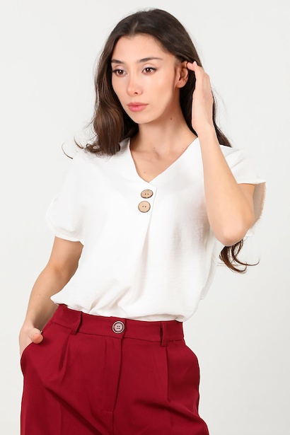 Kadın V Yaka İki Düğmeli Bluz 