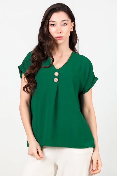 Kadın V Yaka İki Düğmeli Bluz 