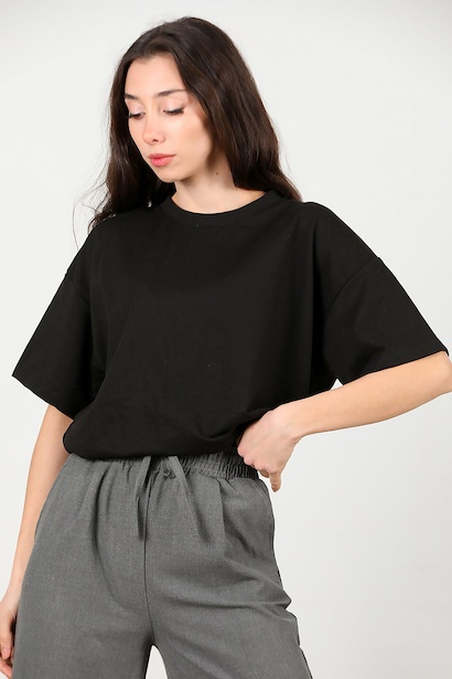 Kadın Bisiklet Yaka Oversize İki İplik Tshirt 
