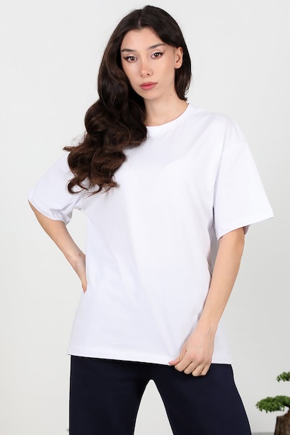 Kadın Bisiklet Yaka Oversize İki İplik Tshirt 