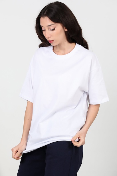 Kadın Bisiklet Yaka Oversize İki İplik Tshirt  Ekru 6