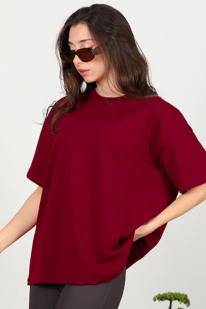 Kadın Bisiklet Yaka Oversize İki İplik Tshirt 