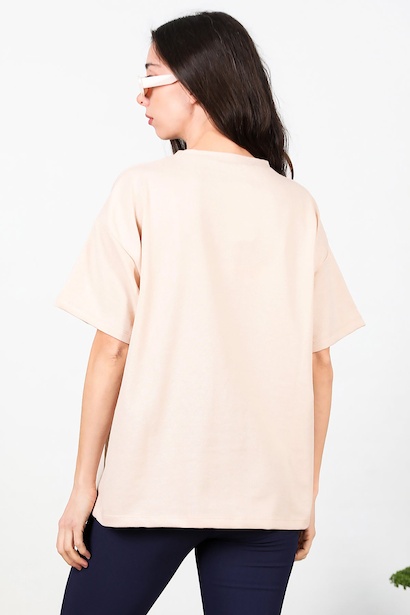Kadın Bisiklet Yaka Oversize İki İplik Tshirt  Bej 6
