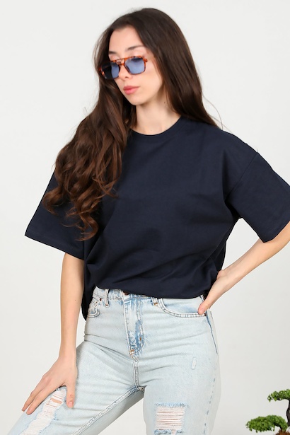 Kadın Bisiklet Yaka Oversize İki İplik Tshirt 