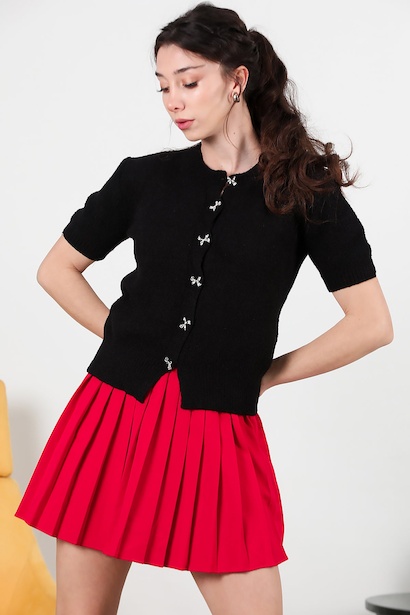 Kadın Fiyonk Düğmeli Kısa Kollu Hırka  Siyah 6