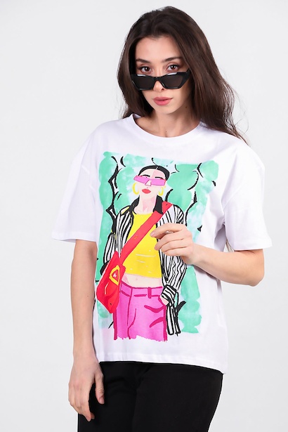 Kadın Baskılı Bisiklet Yaka Tshirt 