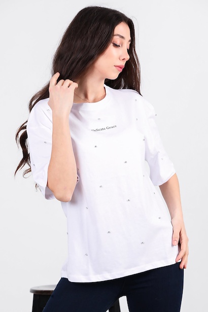 Kadın Taşlı Baskılı Owersize Tshirt 
