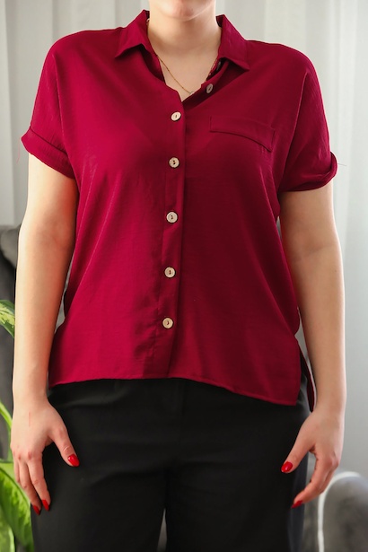Büyük Beden Gömlek Yaka Tahta Düğmeli Bluz  Bordo 6