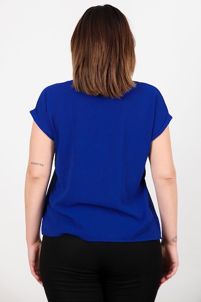 Büyük Beden V Yaka İki Düğmeli Bluz  Saks 6