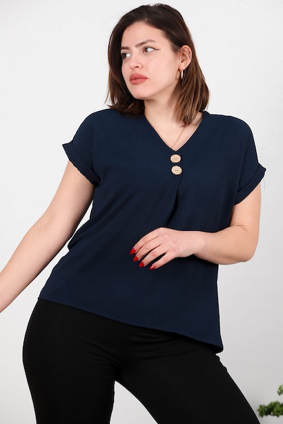 Büyük Beden V Yaka İki Düğmeli Bluz 