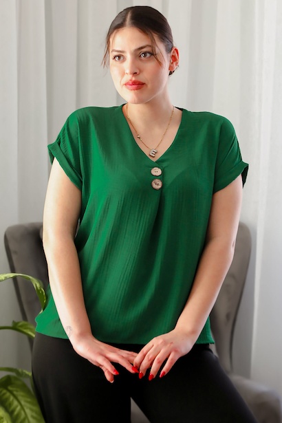 Büyük Beden V Yaka İki Düğmeli Bluz 