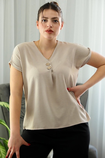 Büyük Beden V Yaka İki Düğmeli Bluz 