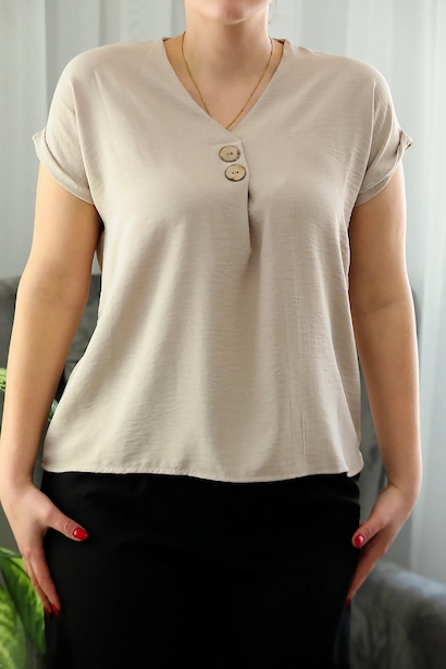 Büyük Beden V Yaka İki Düğmeli Bluz  Taş 6
