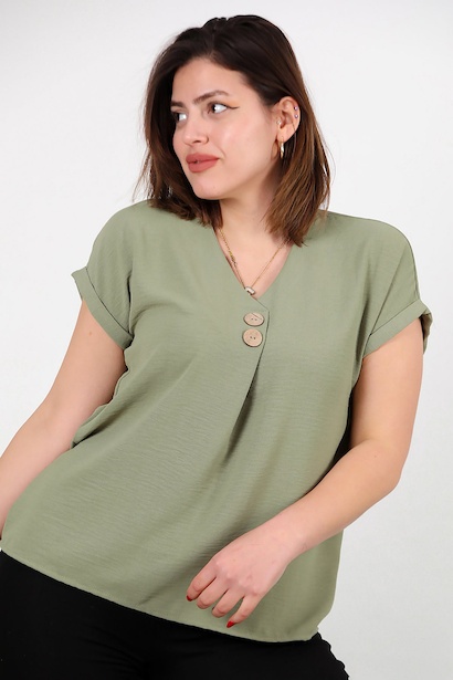 Büyük Beden V Yaka İki Düğmeli Bluz 