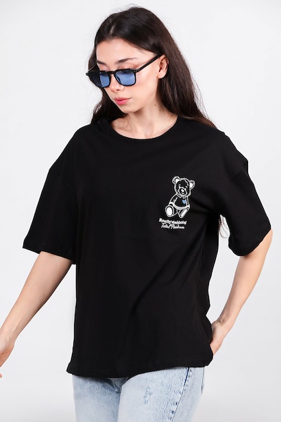 Kadın Ayıcık Baskılı Oversize Tshirt 