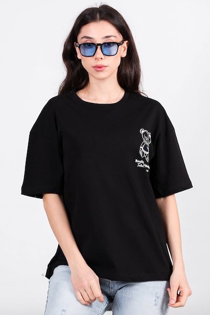 Kadın Ayıcık Baskılı Oversize Tshirt  Siyah 6
