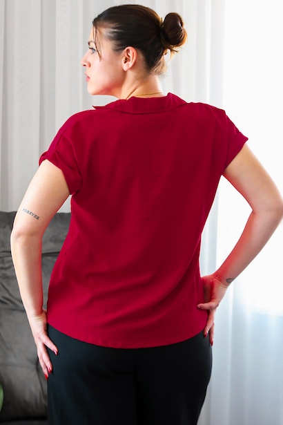 Büyük Beden Ayrobin V Yaka Yakalı Bluz  Kırmızı 6