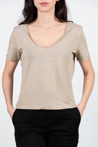 Kadın V Yaka T-shırt  Vizon 6