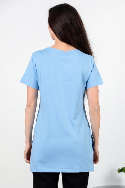 Kadın Yan Yırtmaçlı V Yaka T-shırt  Mavi 6