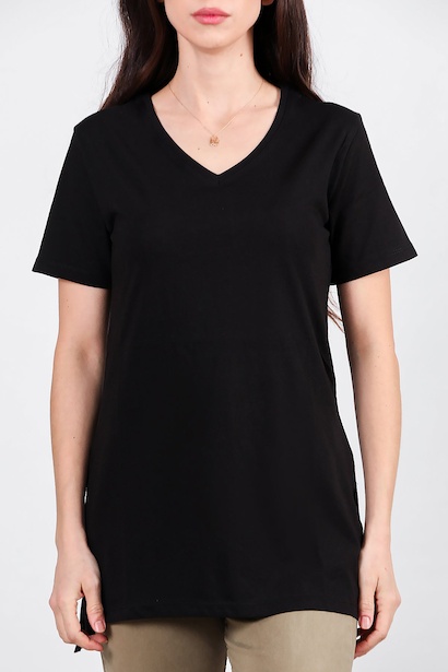 Kadın Yan Yırtmaçlı V Yaka T-shırt  Siyah 6