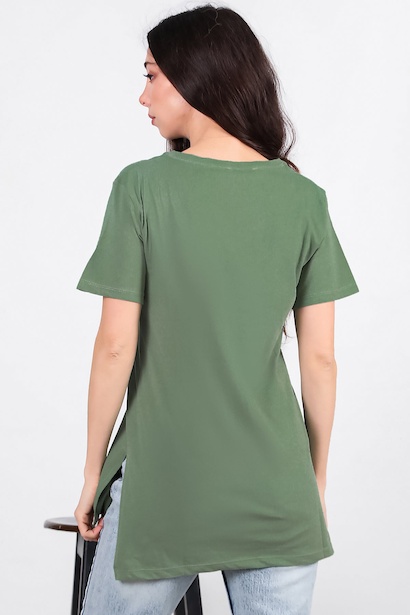 Kadın Yan Yırtmaçlı V Yaka T-shırt  Haki 6