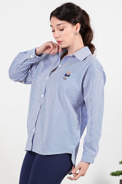 Kadın Ayıcık İşlemeli Çizgili Gömlek  Mavi 6