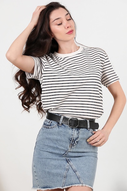 Kadın Bisiklet Yaka Çizgili T-shirt  Lacivert 6