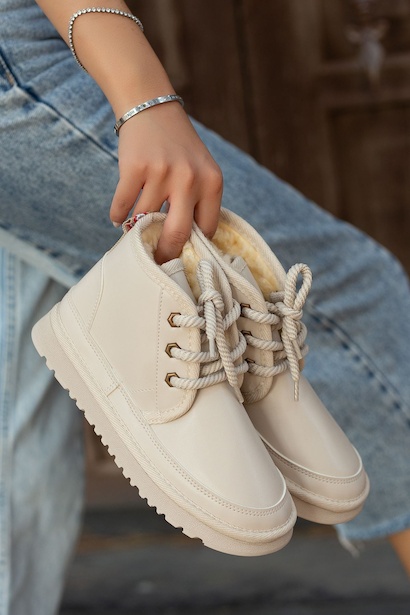 Tersa Bej Cilt Kalın Tabanlı Bağcıklı Yarım Bot  Bej 4