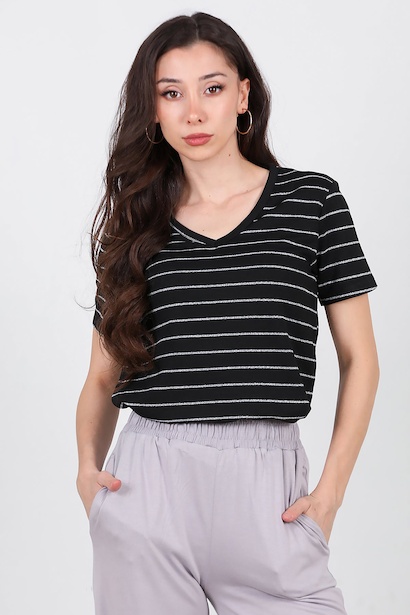 Kadın Çizgili V Yaka T-shirt 