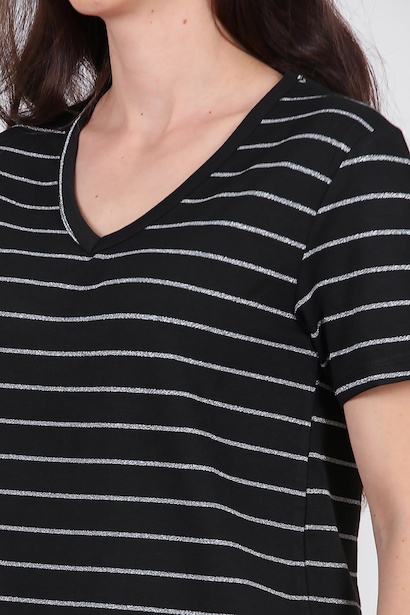Kadın Çizgili V Yaka T-shirt  Siyah 9