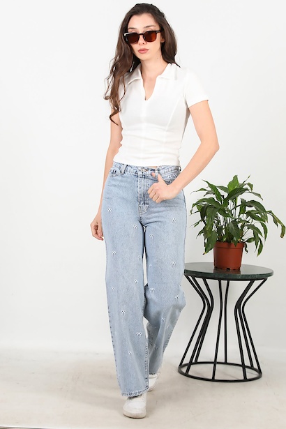 Kadın Fiyonk İşlemeli Bol Paça Kot Pantolon  Mavi 6