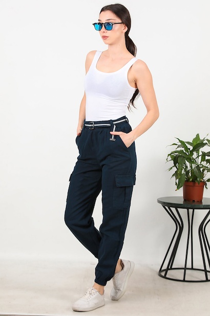 Kadın Kemerli Gabardin Kargo Cep Pantolon  Lacivert 6