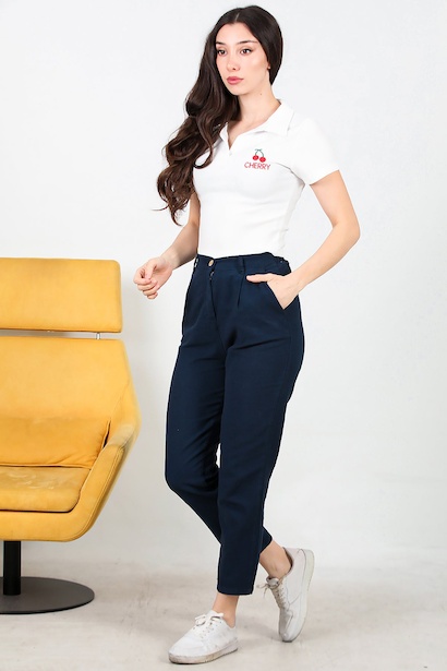 Kadın Pileli Dar Paça Keten Pantolon 