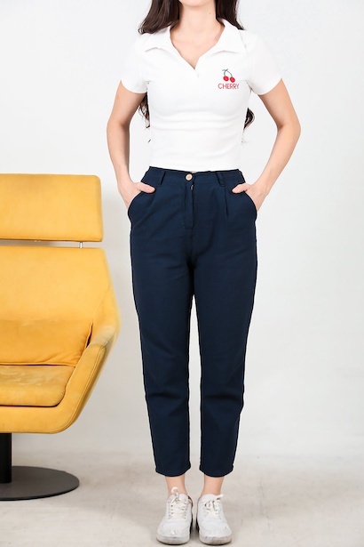 Kadın Pileli Dar Paça Keten Pantolon  Lacivert 6