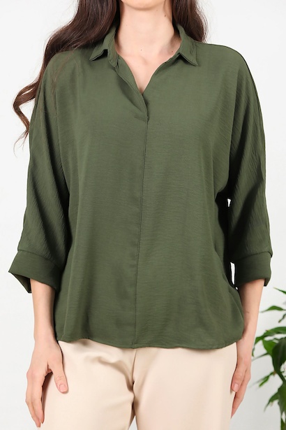 Kadın Gömlek Yaka Bluz  Haki 6