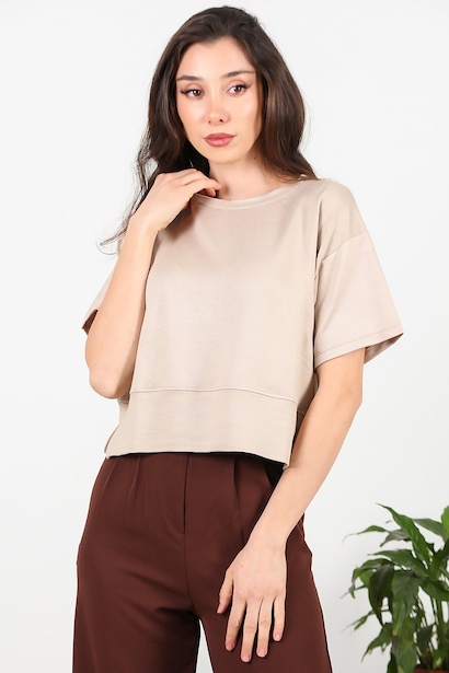 Kadın Bisiklet Yaka Yan Yırtmaçlı T-shırt 