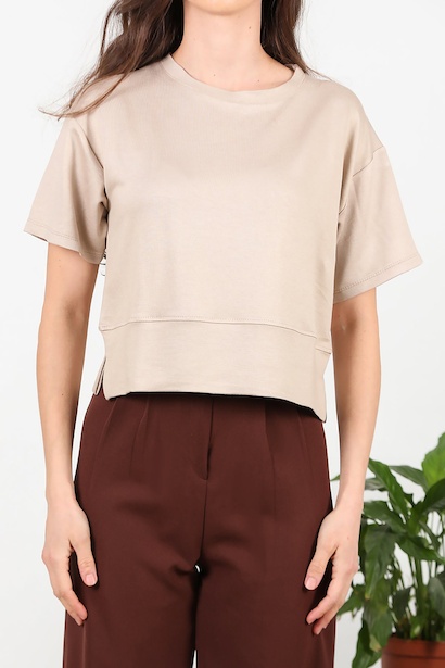 Kadın Bisiklet Yaka Yan Yırtmaçlı T-shırt  Vizon 6