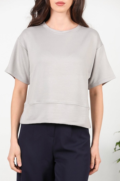 Kadın Bisiklet Yaka Yan Yırtmaçlı T-shırt  Gri 6