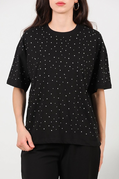 Kadın Taşlı Bisiklet Yaka T-shırt  Siyah 6