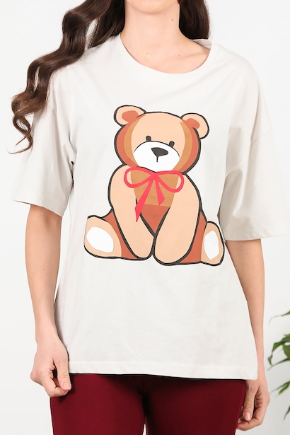 Kadın Önü Baskılı Owersize T-shırt  Taş 6