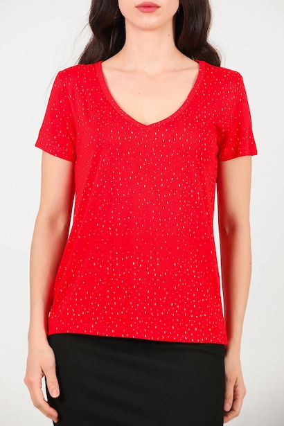 Kadın Simli V Yaka T-shirt  Kırmızı 6